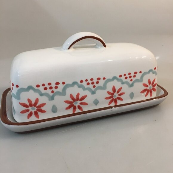 Pier One White Red Flowers Blue Accents Stoneware Butter Dish With Cover Lid